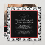 ホワイト&ブラックダマスクレッドフォト結婚式招待状 招待状 (正面/裏面)