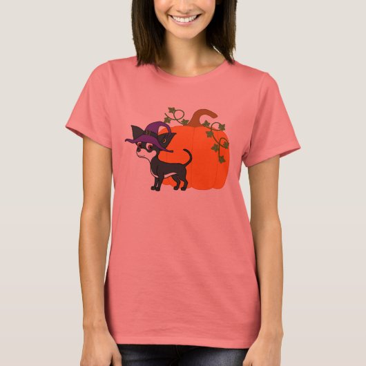 ホワイト&ブラックチワワとハロウィーンパンプキン Tシャツ (正面)