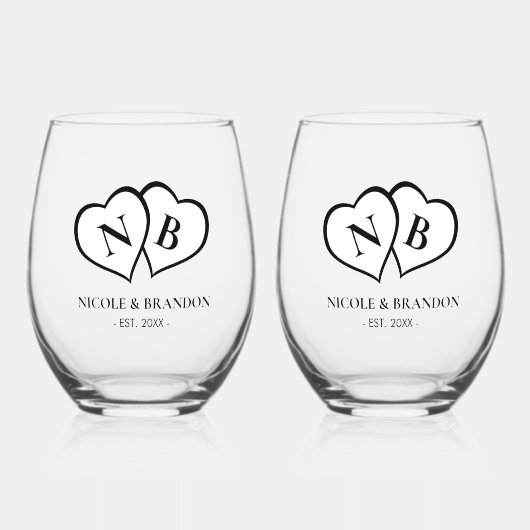 ホワイト&ブラックハートモノグラム結婚ズ ステムなしワイングラス (正面)