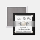 ホワイト&ブラックパールリボン写真の保存日付 マグネット (正面/裏面)