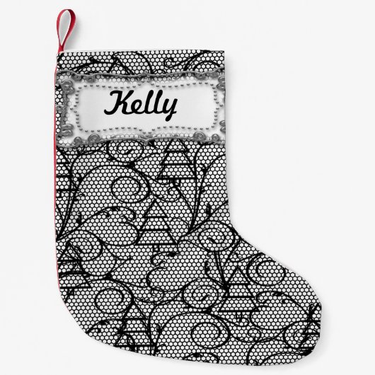 ホワイト&ブラックレースツリー又はマントルストッキング スモールクリスマスストッキング (正面)