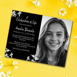 ホワイト&ブラックワイルドフラワー葬儀サンキューカード 招待状