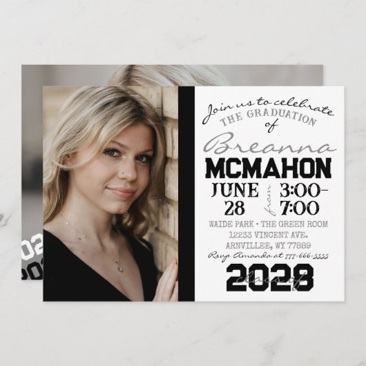 ホワイト&ブラック卒業2フォト招待状 招待状 (正面/裏面)