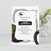 ホワイト&ブラック女性のカーボーイハットブーツバチェロレッテ 招待状 (スタンド正面)