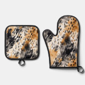 ホワイト ブラック クリーム レオパード アニマル 鍋つかみ&鍋敷きセット (正面)