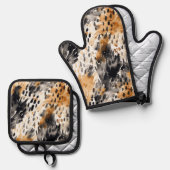 ホワイト ブラック クリーム レオパード アニマル 鍋つかみ&鍋敷きセット (正面/裏面)