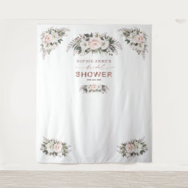 ホワイト ブラッシュ フローラル ローズ ゴールド ブライダル シャワー プロップ タペストリー