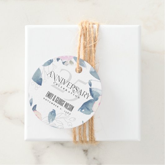 ホワイト ブラッシュ ブルー フラワーパターン 25周年 誕生日 フェイバータグ (インサイチュ)