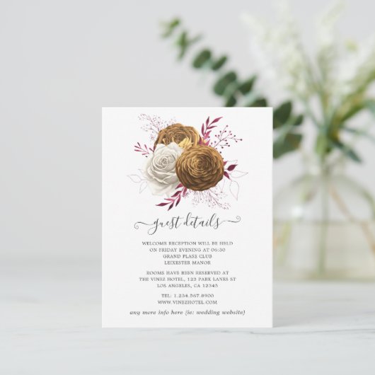 ホワイト、ブルゴーニュ、金ゴールド結婚フローラ エンクロージャーカード (スタンド正面)