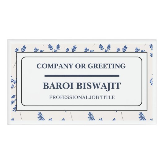 ホワイト＆ブルーの花柄ネームタグ 名札 (正面)