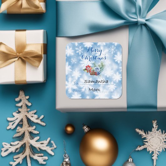 ホワイト&ブルーの雪の結晶クリスマスデコレーション スクエアシール