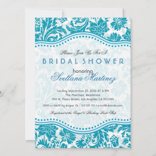 ホワイト&ブルーグリーンフローラダムブライダルシャワー招待状 招待状 (正面)