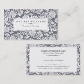ホワイト&ブルーグレーヴィンテージフローラダマスク 名刺 (正面/裏面)
