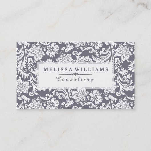 ホワイト&ブルーグレーヴィンテージフローラダマスク 名刺 (正面)