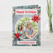 ホワイト、ブルーティール(緑がかった色)フローラファミリーフォトホリデー カード (正面)