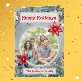 ホワイト、ブルーティール（緑がかった色）フローラファミリーフォトホリデー カード