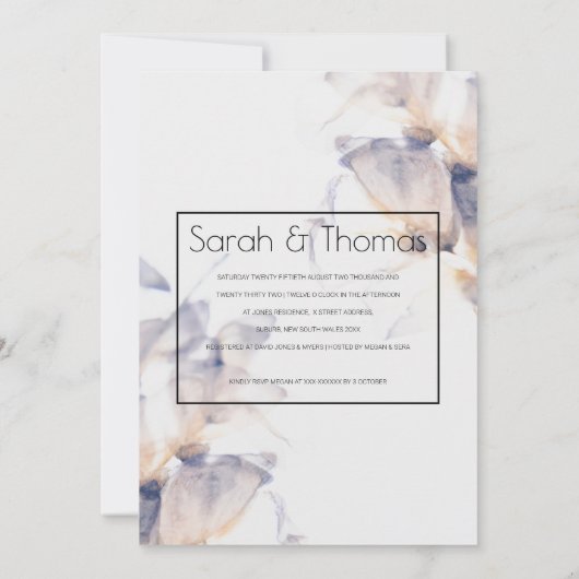 ホワイト&ブルーパテレフローラエレガント婚約 招待状 (裏面)