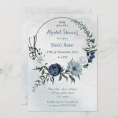 ホワイト&ブルーフローラグリーンリースブライダルシャワー 招待状 (正面/裏面)