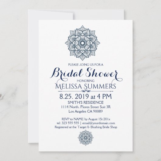 ホワイト&ブルーフローラマンダラブライダルシャワー招待状 招待状 (正面)