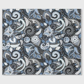 ホワイト&ブルーペイズリープリントエレガントバースデーパーティー ラッピングペーパー (フラット)
