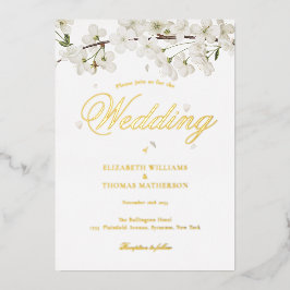 ホワイト ブルーム ウェディング エレガント スクリプト ゴールド 箔招待状