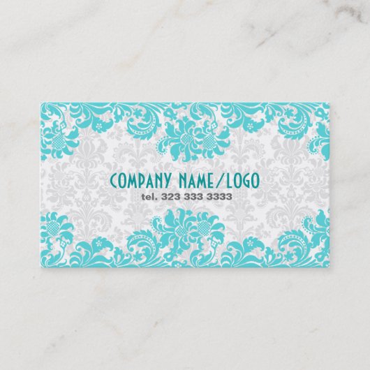 ホワイト&ブルーヴィンテージフローラダマスク 名刺 (正面)