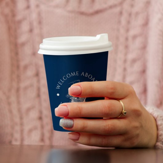 ホワイト&ブルーヴィンテージ帆船イラストレーション 紙コップ