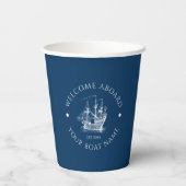 ホワイト&ブルーヴィンテージ帆船イラストレーション 紙コップ (裏面)