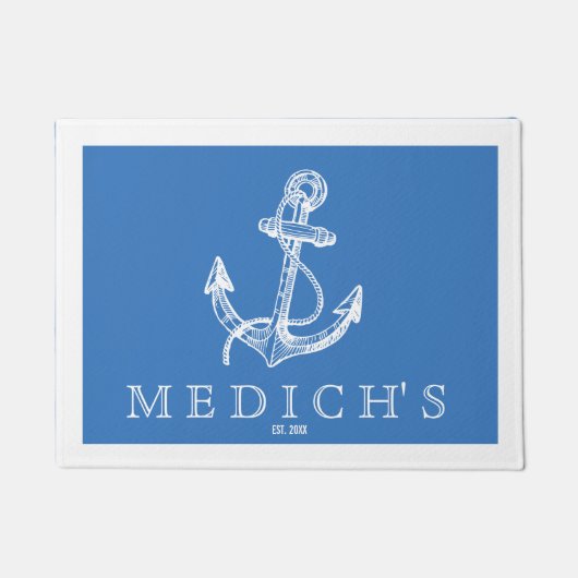 ホワイト&ブルーヴィンテージ航海のボートいかり ドアマット (正面)