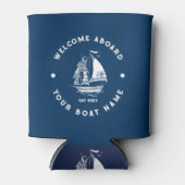 ホワイト&ブルーヴィンテージ航海のボート2イラストレーション 缶クーラー (正面)