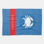 ホワイト&ブルー水玉模様かわいいシーカニイラストレーション キッチンタオル (横)