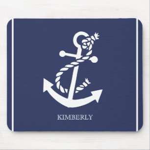 ホワイト&ブルー航海のボートいかり マウスパッド