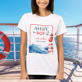 ホワイト ブルー レッド ネイティカル アホイ ボーイ ライトハウス Tシャツ