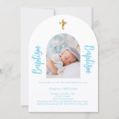 ホワイト ベビー ブルー フォト アーチ スクリプト 男の子 洗礼式 招待状 (正面)