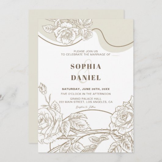 ホワイト＆ベージュのバラの結婚式招待状 招待状 (正面/裏面)