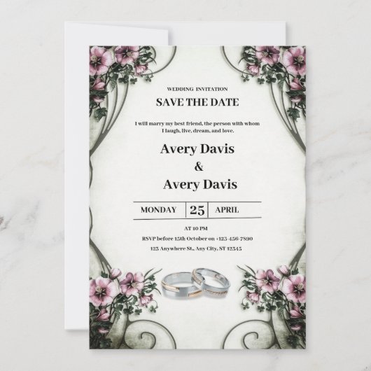 ホワイト&ベージュフローラ結婚式招待状 招待状 (正面)