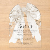 ホワイト ボウ ローズ フラワーの少女 初領聖体 アーチ アクリル招待状 (正面)