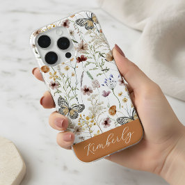 ホワイト ボヘミアン 水彩の野の花 パターン  iPhone 15 PROケース