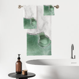 ホワイト マーブル サージュ グリーン アゲート シルバー グリッター バスタオルセット