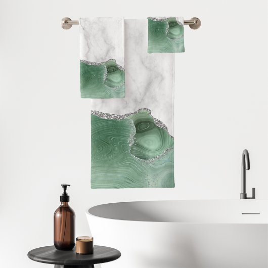 ホワイト マーブル サージュ グリーン アゲート シルバー グリッター バスタオルセット