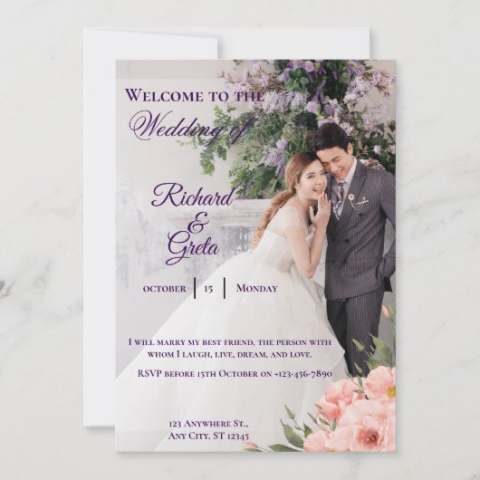 ホワイト ミニマリスト 水彩写真 花 結婚式 招待状 (正面)