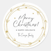 ホワイト&ミニマル金ゴールドメリークリスマスハッピー ラウンドシール (正面)