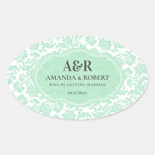 ホワイト&ミントグリーンダマスク日付を保存 楕円形シール (正面)