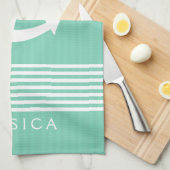 ホワイト&ミントストライプいかりアンドボ航海のート キッチンタオル (四つ折り)