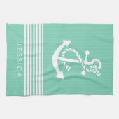 ホワイト&ミントストライプいかりアンドボ航海のート キッチンタオル (横)