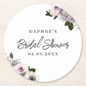 ホワイト ムーディー アネモネ & パープル フラワーブライダルシャワー ラウンドペーパーコースター (正面)
