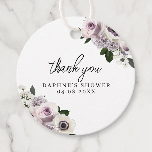 ホワイト ムーディー アネモネ & パープル フラワーブライダル シャワー フェイバータグ (正面)