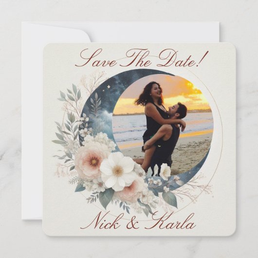 ホワイト ムーンフラワー セーブ・ザ・デート フォト アナウンスメント 招待状 (正面)