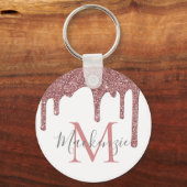ホワイト モノグラムにローズゴールドの偽のグリッターが垂れる キーホルダー (正面)