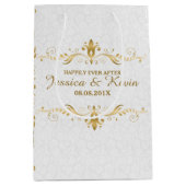ホワイト&ライト金ゴールドフローラレース結婚のデザイン ミディアムペーパーバッグ (正面)